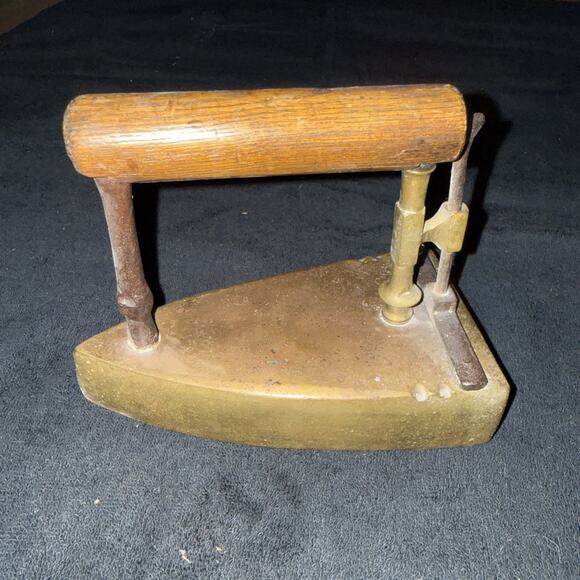 Antique Brass Slug Box Sad Iron Kitchen Tool Pod Wood Handle